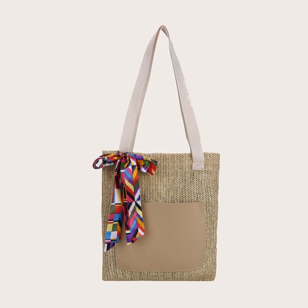 

Twilly Scarf Decor Shoulder Tote Bag, Khaki