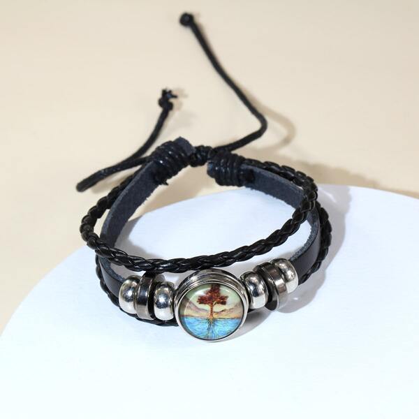 

Men Tree Print Round Decor Layered Bracelet, Black