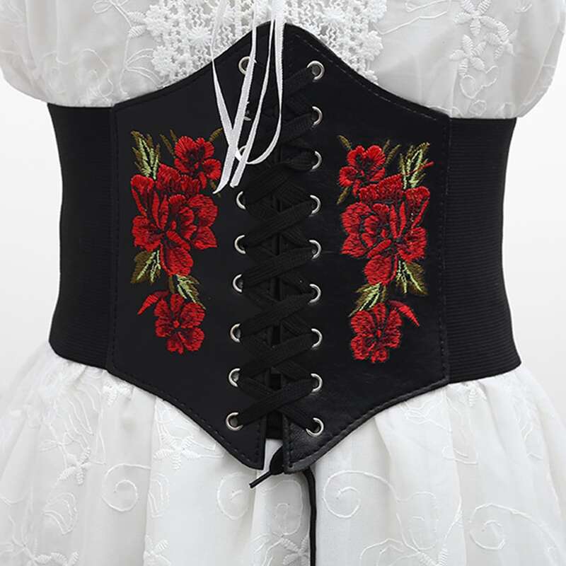 

Floral Embroidery Wide Belt, Black
