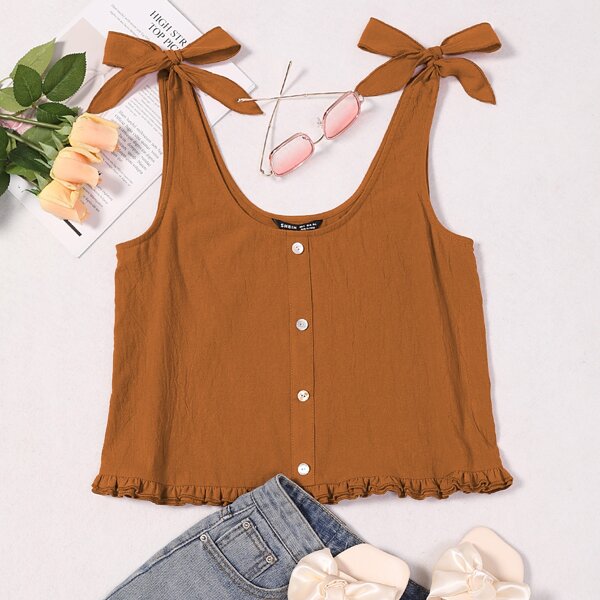 

Tie Shoulder Button Front Cami Top, Brown