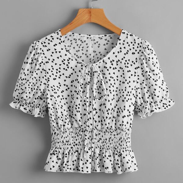 

Puff Sleeve Tie Front Shirred Heart Print Peplum Top, White
