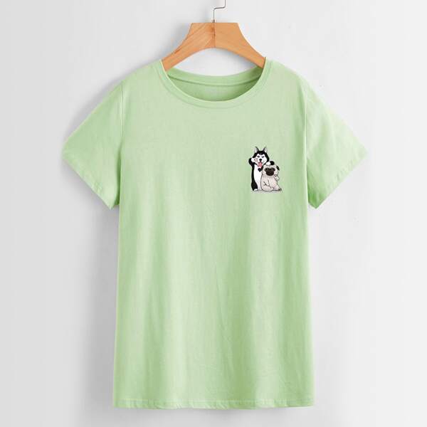 

Cartoon Dog Print Tee, Mint green