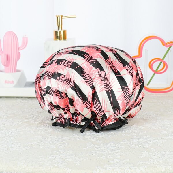 

Leaf Print Striped Shower Cap, Multicolor