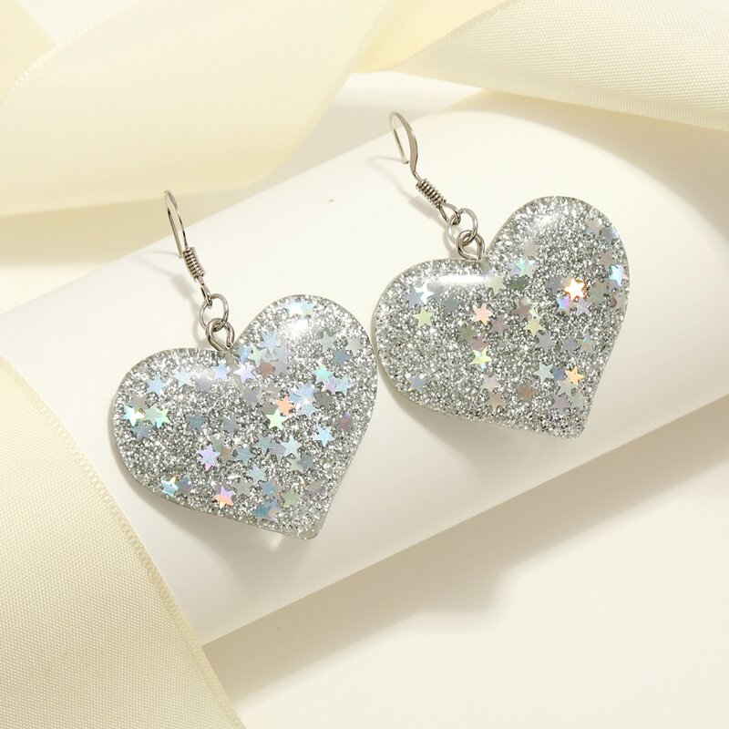 

Glitter Heart Drop Earrings, Silver