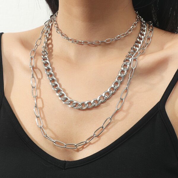 

3pcs Simple Chain Necklace, Silver