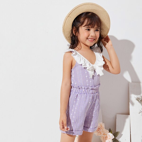 

Toddler Girls Knot Front Ruffle Trim Gingham Top & Shorts Set, Lilac purple