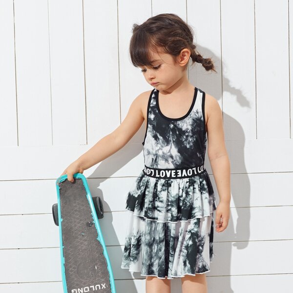 

Toddler Girls Tie Dye Tank Top & Letter Waist Layered Skirt Set, Black and white