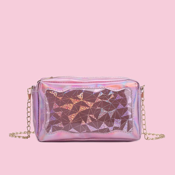 

Glitter Geometric Graphic Chain Bag, Pink