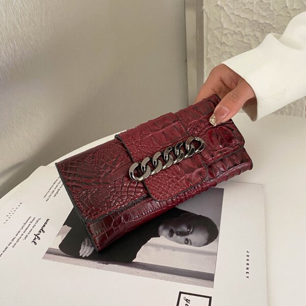 

Chain Decor Croc Embossed Long Wallet, Burgundy