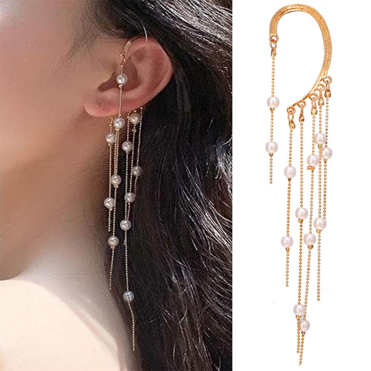 

1pc Faux Pearl Tassel Ear Cuff, White
