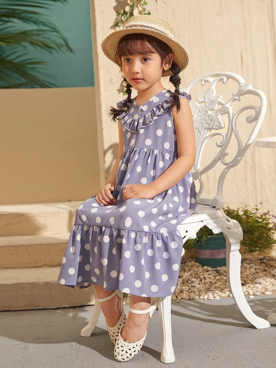 SHEIN Toddler Girls Ruffle Trim Polka Dot Dress - Lilac Purple - View 1