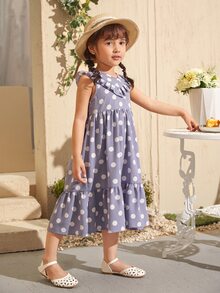 SHEIN Toddler Girls Ruffle Trim Polka Dot Dress - Lilac Purple - View 3