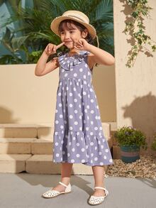 SHEIN Toddler Girls Ruffle Trim Polka Dot Dress - Lilac Purple - View 4