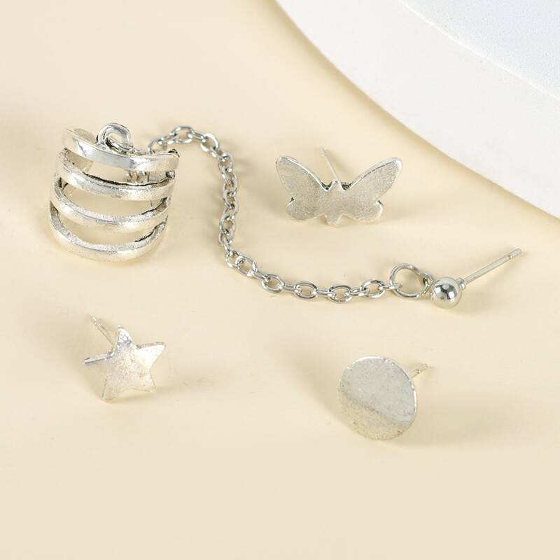 

3pcs Star & Butterfly Stud & 1pc Ear Cuff, Silver