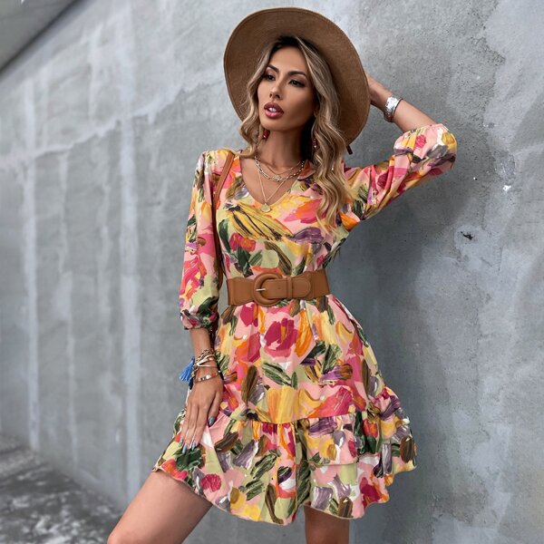 

Allover Print Smock Dress Without Belt, Multicolor
