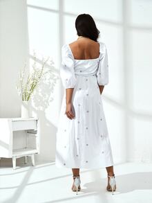 Ditsy Floral Pocket Square Neck A-line Dress - White - View 2