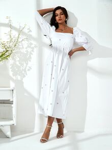 Ditsy Floral Pocket Square Neck A-line Dress - White - View 4