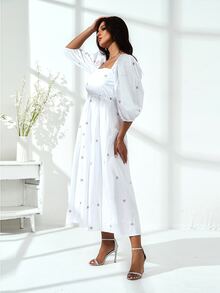 Ditsy Floral Pocket Square Neck A-line Dress - White - View 5