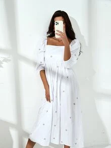 Ditsy Floral Pocket Square Neck A-line Dress - White - View 6