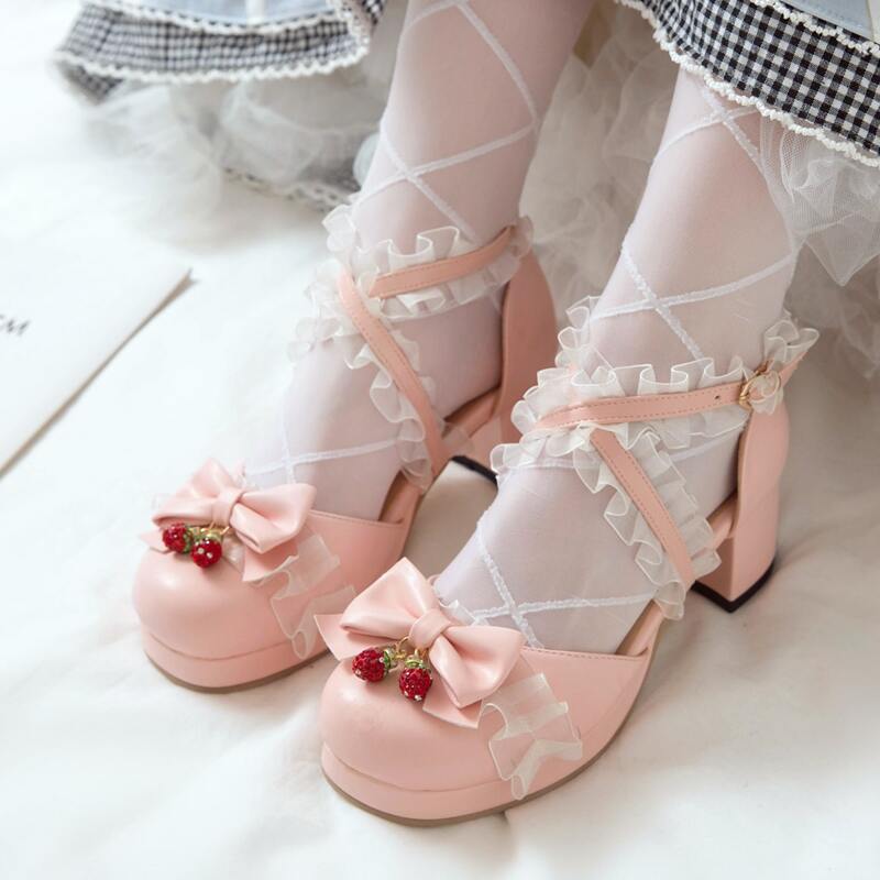 

Bow & Ruffle Decor Chunky Pumps, Baby pink