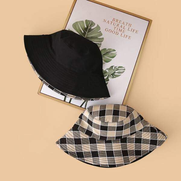 

Plaid Print Reversible Bucket Hat, Black