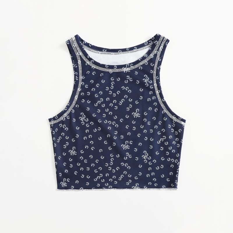 

Stitching Trim Ditsy Floral Tank Top, Navy blue