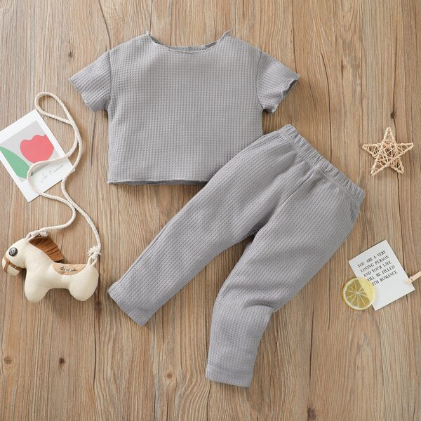 

Baby Girl Waffle Knit Lettuce Trim Tee & Pants, Grey