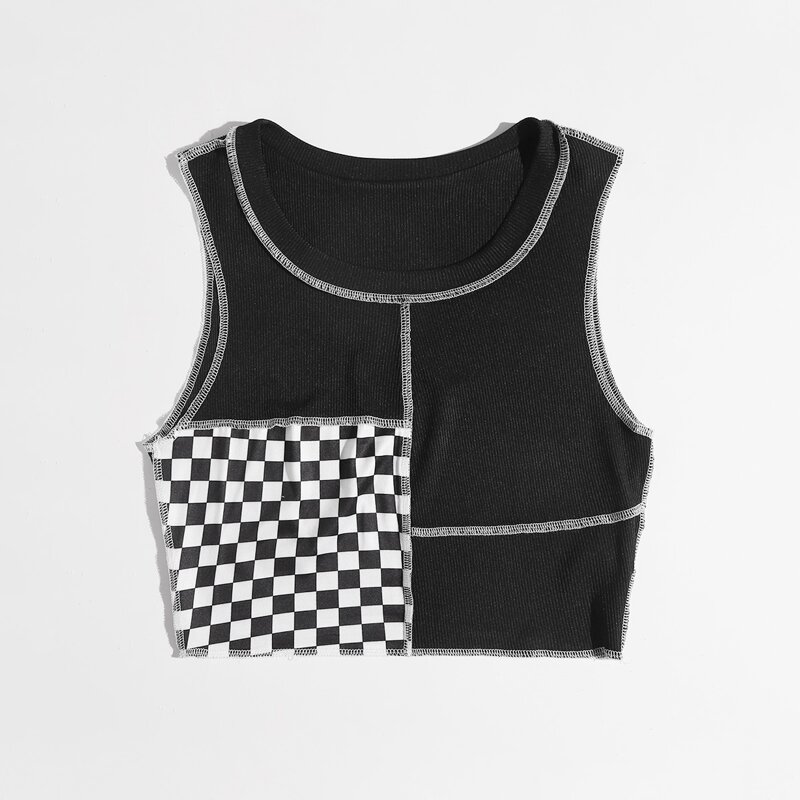 

Stitching Trim Contrast Checkerboard Tank Top, Black and white