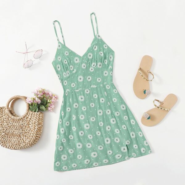 

Ditsy Floral Ruched Bust Cami Dress, Mint green