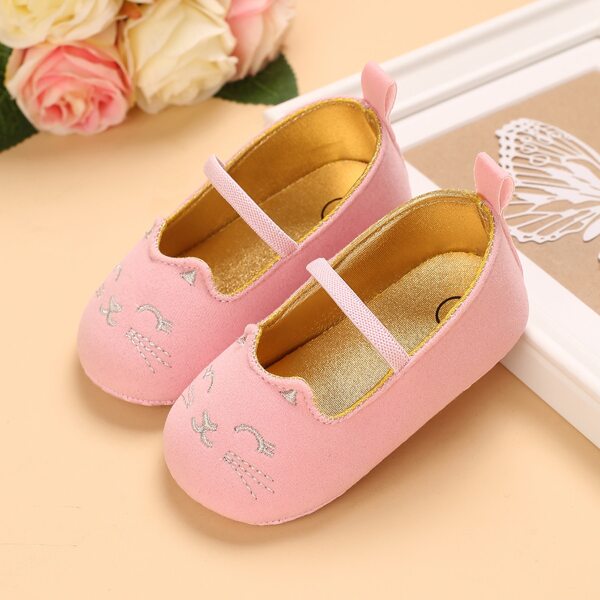 

Baby Girl Cat Embroidered Flats, Pink