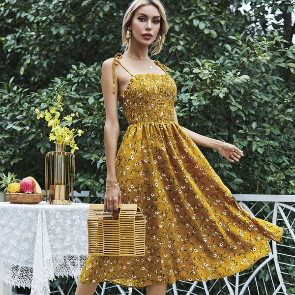 

Floral Shirred Cami Dress, Mustard yellow
