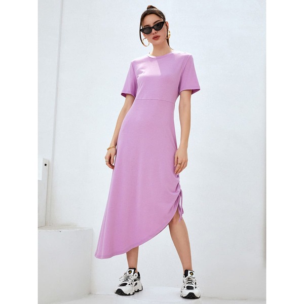 

Drawstring Side Asymmetrical Hem A-line Dress, Lilac purple