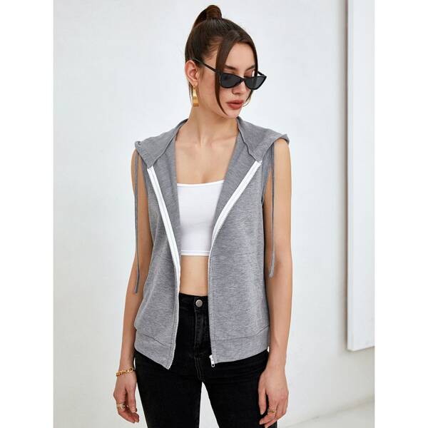 

Zipper Front Slant Pocket Sleeveless Hooded Jacket, Grey