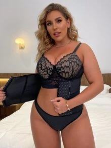 Plus Letter Graphic Hook Front Waist Trainer - Black - View 3