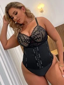 Plus Letter Graphic Hook Front Waist Trainer - Black - View 5