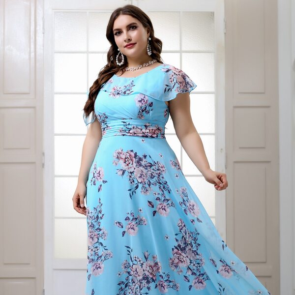 

Plus Allover Floral Ruffle Trim Dress, Blue