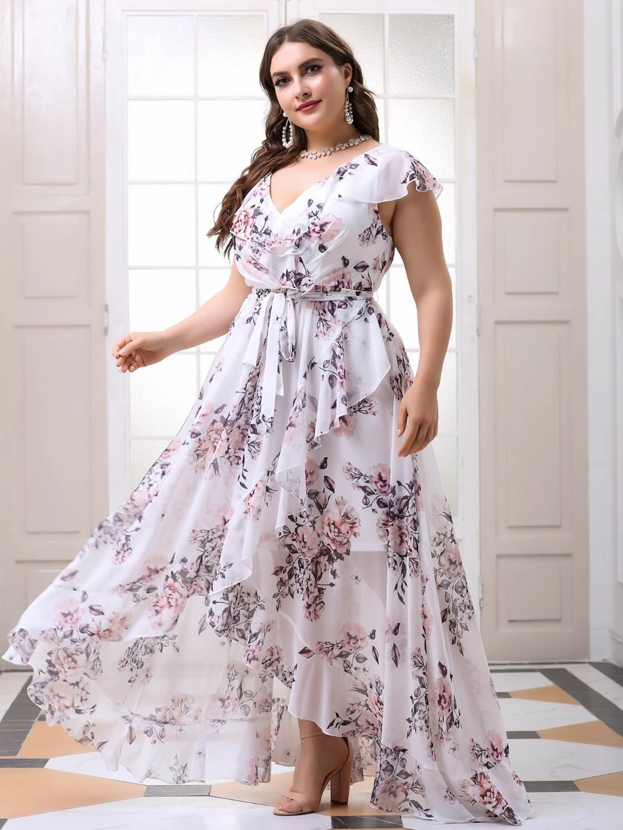 Plus Floral Print Ruffle Trim Belted Dress | SHEIN USA