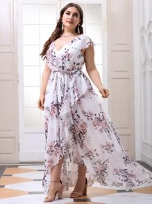 Plus Floral Print Ruffle Trim Belted Dress | SHEIN USA