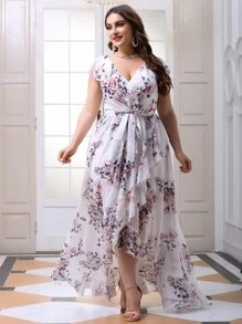 Plus Floral Print Ruffle Trim Belted Dress | SHEIN USA