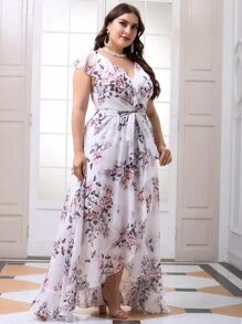 Plus Floral Print Ruffle Trim Belted Dress | SHEIN USA