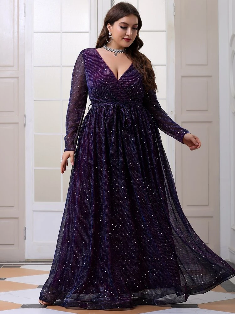 Vestido con escote cruzado, cinturón y detalles con brillo en talla grande - Morado - Añade 1