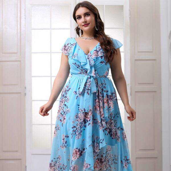 

Plus Floral Print Ruffle Trim Belted Dress, Baby blue