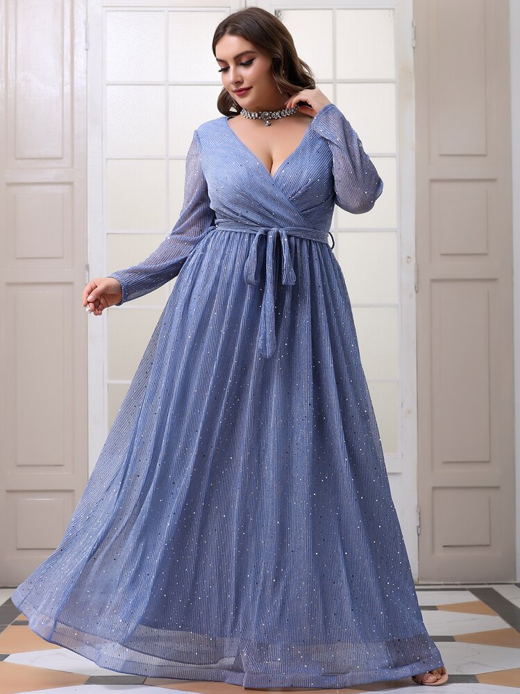 slim fit dress slacks Plus Surplice Neck Long Sleeves Swiss Dot Belted Chiffon Party Dress Purple / 2XL main image 1