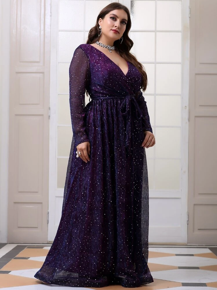 Vestido con escote cruzado, cinturón y detalles con brillo en talla grande - Morado - Añade 4