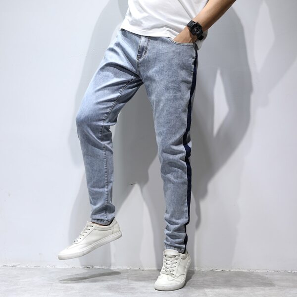 

Men Contrast Panel Side Jeans, Light wash