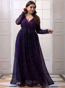 加大斜领亮片束带连衣裙 - 紫色 - 查看 6