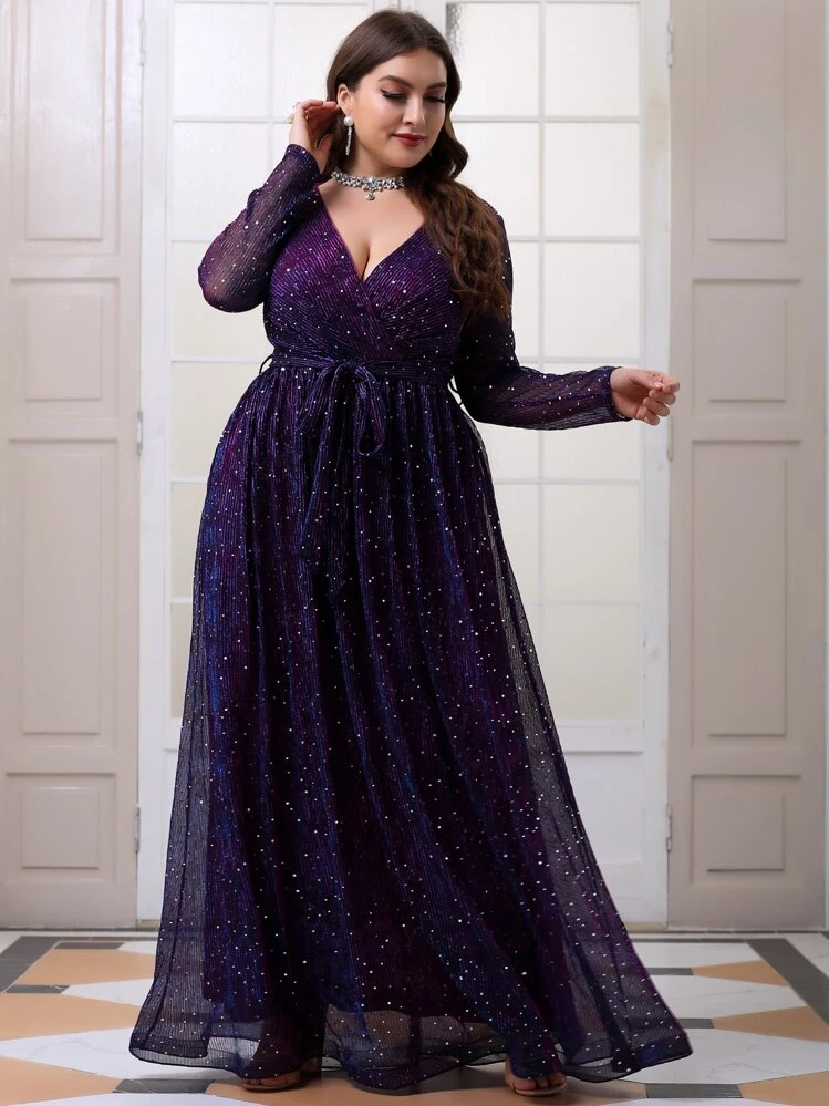 Vestido con escote cruzado, cinturón y detalles con brillo en talla grande - Morado - Añade 6