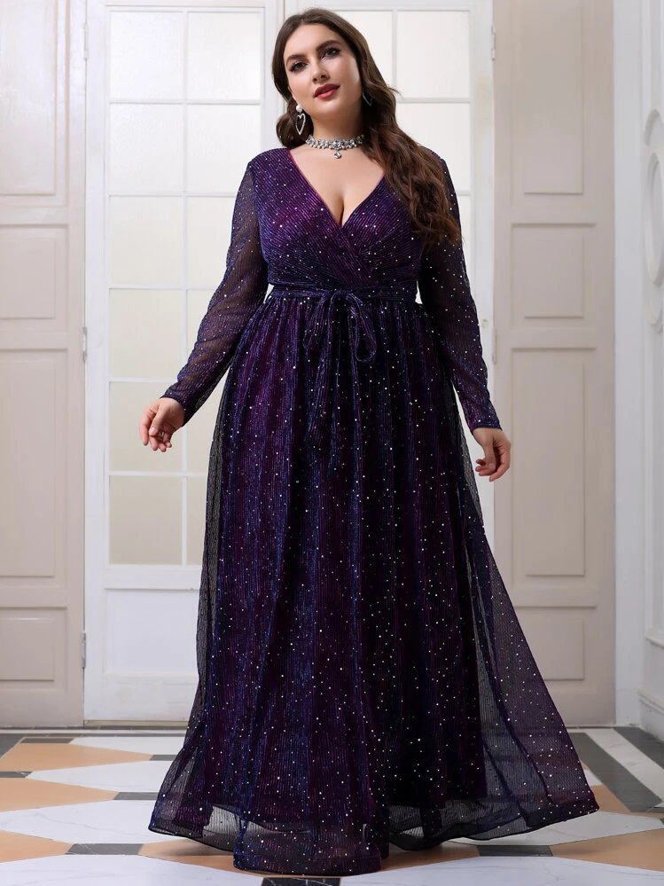 Vestido con escote cruzado, cinturón y detalles con brillo en talla grande - Morado - Añade 7