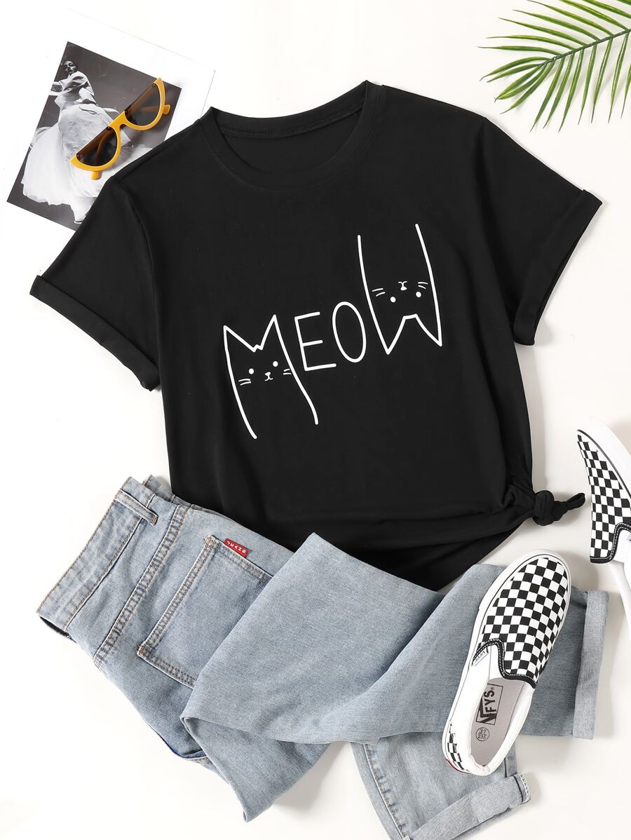 Camiseta con estampado de dibujos animados - Negro - Ver 1