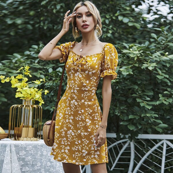 

Floral Puff Sleeve Low Back Dress, Mustard yellow